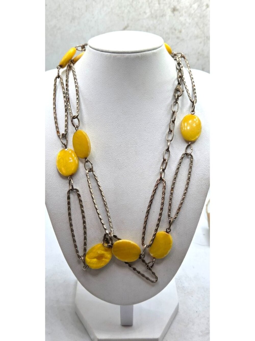 Vintage Yellow Bead & Silver-Tone Chain Statement Necklace 30"